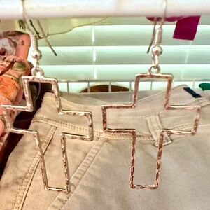 Hammered Metal Cross Dangle Earrings - Gold Tone